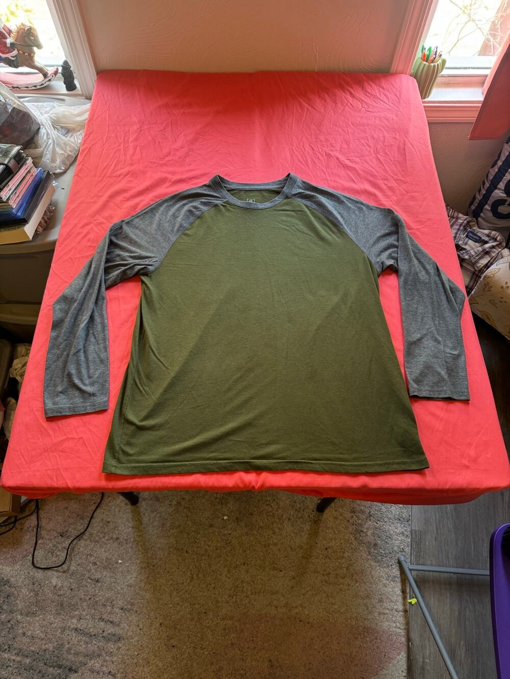 George Mens Long Sleeve Raglan Shirt L Olive Green Gray Cotton Blend Crew Neck